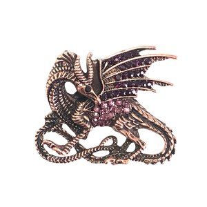 Antiqued Copper Tone Dragon Brooch Pin Pendant with Pink Purple Rhinestones Goth